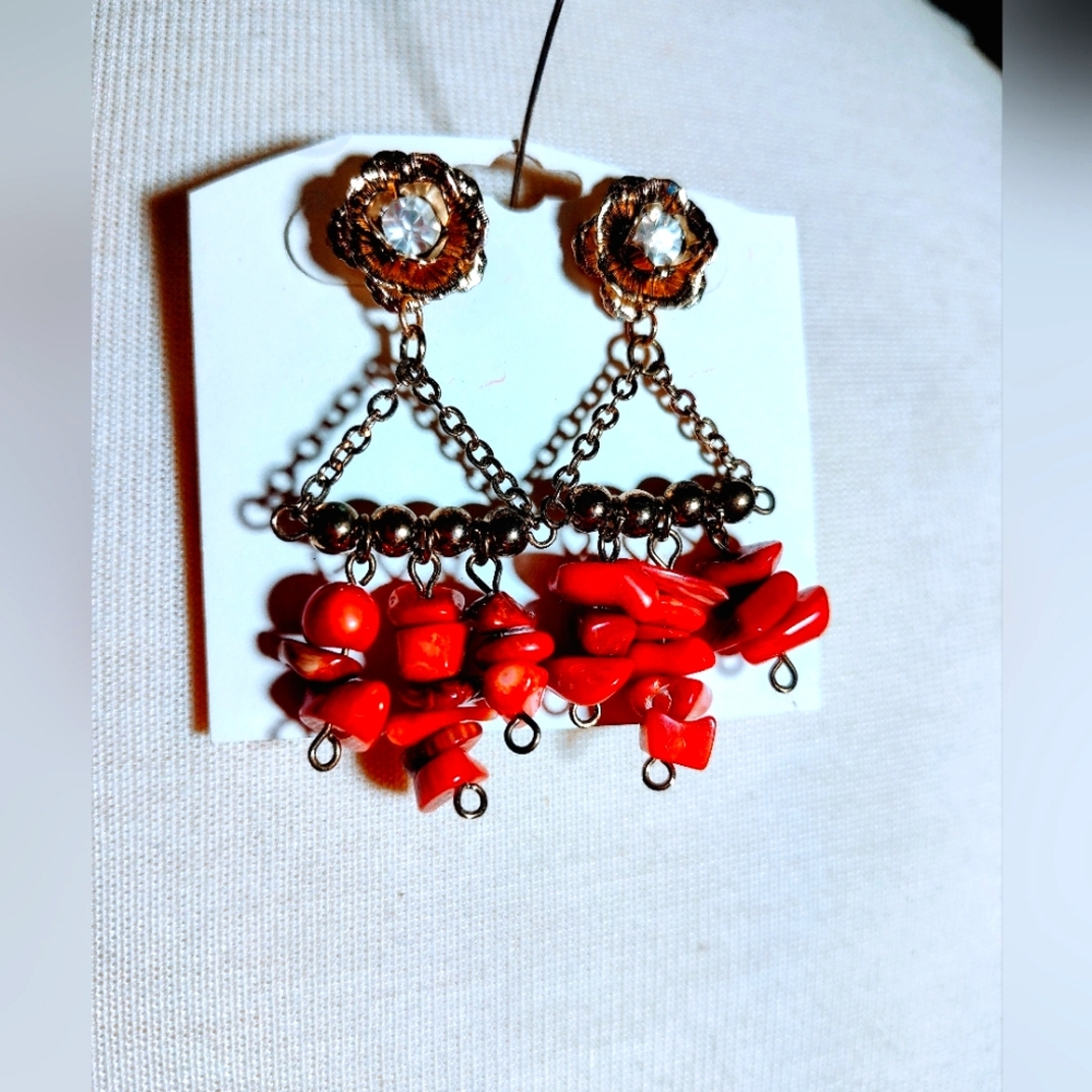 Chandelier Red Orange Coral Stone Dangle Earrings NWOT